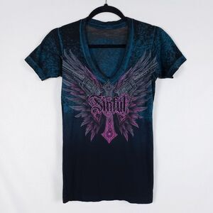 Sinful by Affliction Graphic Tee Womens S Rhinestone Wings Cross Y2K Grunge